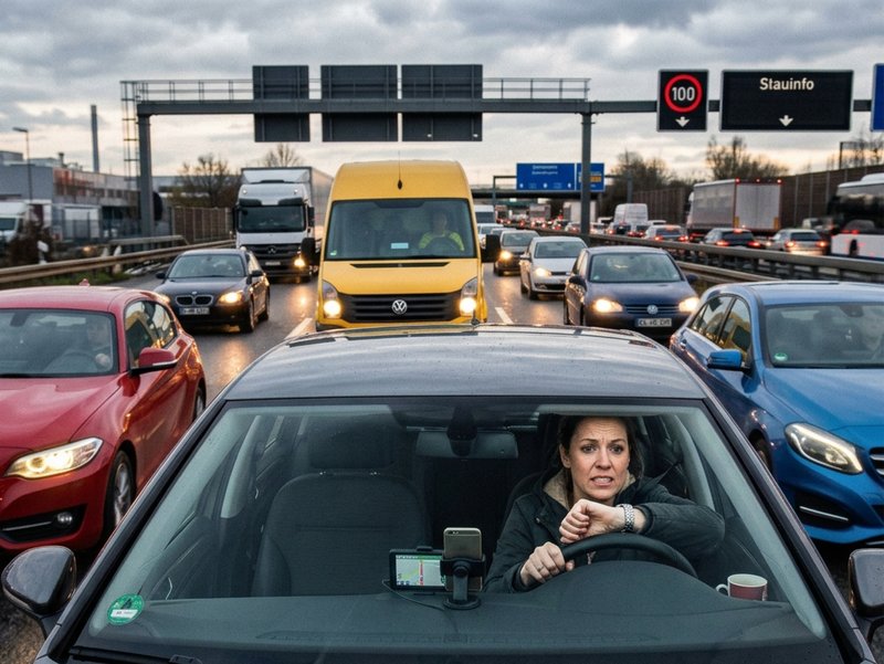 Gestresste Autofahrerin blickt hektisch auf ihre Armbanduhr im dichten Berufsverkehr auf der Autobahn.