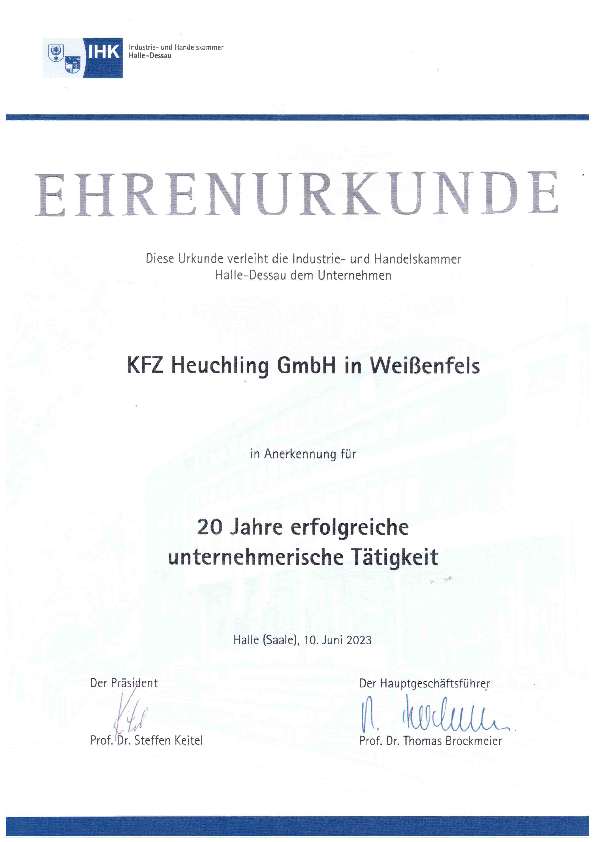 Ehrenurlunde KFZ-Heuchling IH-Kammer Halle-Dessau